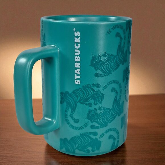 Starbucks "SUMATRA TIGER" Mug Teal Blue Green Embossed 12oz Coffee Tea 2018 - Picture 2 of 6